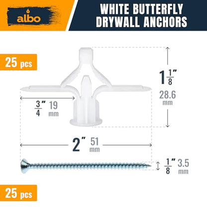 ALBO Drywall Anchor Kit Hollow Wall with Screws 50 pcs. (White Anchor 25pcs + Screws 25pcs) Plastic Hollow Wall Drilling Anchors - color: White 25pcs