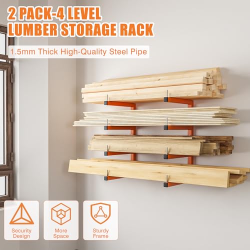 2-Pack Lumber Storage Rack, Wood Storage Racks Wall Mount, Heavy Duty Garage Wood Organizer With 4-Level System, Orange Utility Rack Organization Up 800 Lbs, Metal Lumber Shelf for Indoor and Outdoor - style: E– 2 Pack, 4-Tier