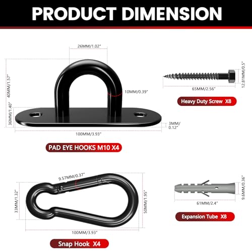 sprookber 304 Stainless Steel Pad Eye Snap Hooks, M10 Heavy Duty Ceiling Hooks, 1700lb Capacity Hammock Swing Hanging kit, Plant Hangers, Marine Hardware Staple Hook Loop with Screws, Set of 8(Black) - size: 4 Inch, style: Black Oval