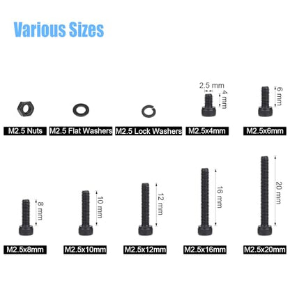 DYWISHKEY 566 Pieces M2.5 Black Screws, 12.9 Grade Alloy Steel M2.5X 4/6 /8/10 /12/16 /20mm Hex Socket Head Cap Screws Bolts Nuts Washers Assortment Kit - size: M2.5, style: Socket Head