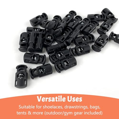 10-Pack Spring Cord Locks for Drawstring, Dual-Hole Plastic Toggle Stopper Clips Shoe lace Locks, Hoodies Sweatpants Bags Accessories, Black