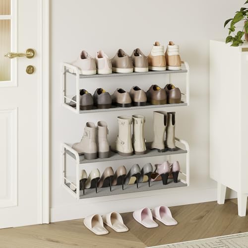 2 Pack Wall Mounted Shoe Rack, Carbon Steel Shoe Organizer with Removable Oxford Cloth, Non-Slip Space-Saving for Entryway Closet Bedroom, White - color: Classic White-2pack