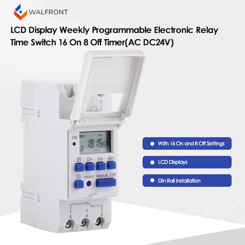 15A Programmable Timer Relay 7 Day Heavy Duty Digital Timer Switch with LCD 16 On 16 Off Pre-Setting THC DIN Rail (110V)