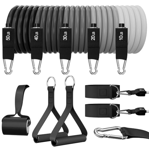 WHATAFIT Resistance Bands with Handles, 5-Level Exercise Bands for Workout | Natural latex,10-50 lbs, stackable to 150,Ankle Straps, Door Anchor,Guide. For Strength, Yoga,Home Gym,Travel & Workout. - color: Gray