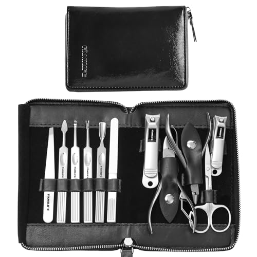 Manicure Kit, FAMILIFE Professional Manicure Set Nail Kit, 11 in 1 Stainless Steel Nail Clippers Set, with Portable Black Leather Travel Case Luxury Gifts for Him - color: Black