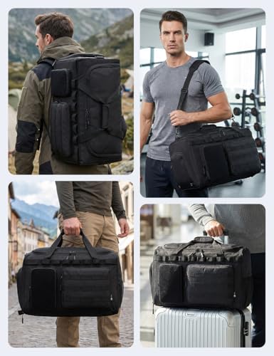 Tactical Gym Bag for Men 50L Sports Duffel Bags 3 in 1 Travel Duffel Bag with Shoe Compartment Workout Backpack Carry on Luggage 22x14x9 Airline Approved for Overnight Weekender Travel Black - style: 50l-black