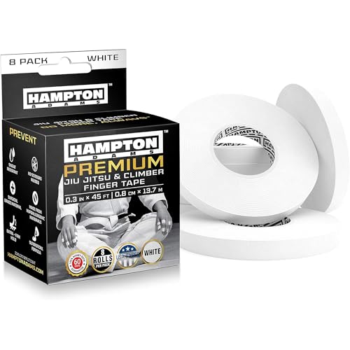 Hampton Adams Pro Finger Tape, Non Slip Grip for BJJ & Climbing | 8 Pack Rolls, No Fray Edges, Super Strong Adhesive, Extended Wear for Bouldering Crossfit Weightlifting & Jiu Jitsu - color: White