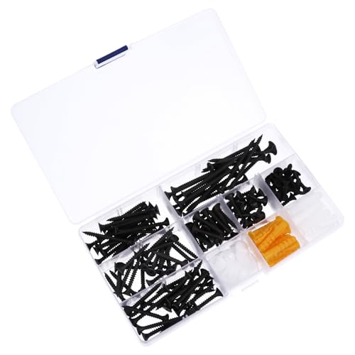 Cabilock Black Hardened Self Tapping Screws Set with Caps and Expansion Anchors, 180pcs Multi-Function Fixing Screws Kit for Repairing and Cabinet Assembly