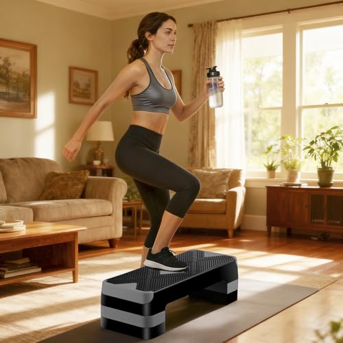 HomGarden Adjustable Workout Aerobic Stepper in Fitness & Exercise Step Platform Trainer Stepper w/Risers Adjust 4"-6''-8'' - color: Grey