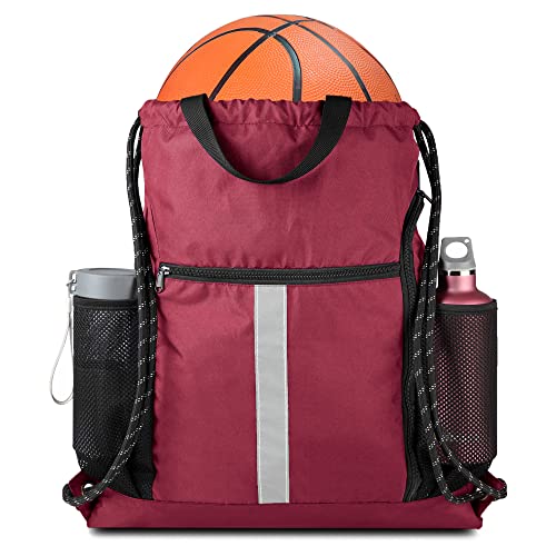 BeeGreen Gym Sack Drawstring Bag Sports String Backpack with Shoe Compartment and Two Water Bottle Holder for Unisex Men Women Heavy Duty Cinch Sackpack - color: Maroon, style: Drawstring With Shoe Compartment