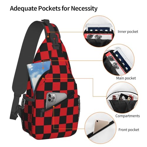 Checkered Crossbody Sling Bag for Women Men Abstract Geometric Pattern Christmas Plaid Sling Backpack Casual Chest Shoulder Bag Checkerboard with Red and Black Squares Sports Hiking Daypack - color: Black Red