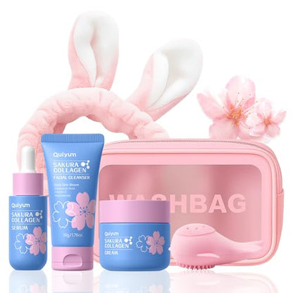 QUIYUM Sakura Collagen Skin Care Set - 5pcs Skincare for Women Teens | Facial Cleanser, Serum, Cream, Facial Brush, Hair Band & Makeup Bag, Deep Cleansing, Hydrating, Firming, Even Tone, Radiance - size: 5 Count (Pack of 1)