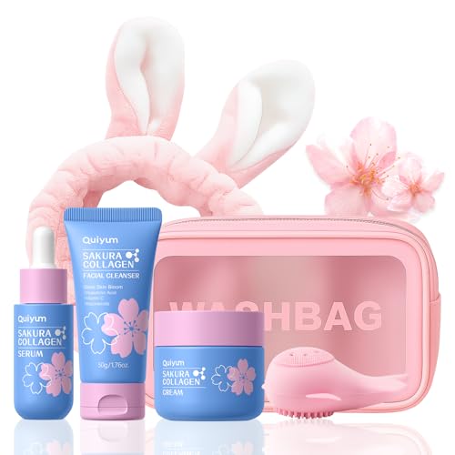 QUIYUM Sakura Collagen Skin Care Set - 5pcs Skincare for Women Teens | Facial Cleanser, Serum, Cream, Facial Brush, Hair Band & Makeup Bag, Deep Cleansing, Hydrating, Firming, Even Tone, Radiance - size: 5 Count (Pack of 1)
