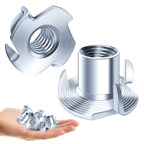 EASTPUK (10Sets) 3/8" x 2" Hex Head Lag Screws & 50PCS 3/8-16 T-Nuts Zinc Plated Steel Nutserts, 4-Pronged Tee Nut for Wood, Heavy Duty Lag Bolts with Washers, Rock Climbing Holds 3/8-16 T Nuts
