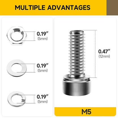 Mywish (50Sets) M5 Screw Kit, M5 x 12mm Socket Head Cap Screws Bolts, 304 Stainless Steel Allen Socket Hex Drive Bolts, Bright Finish M5 Screws with Nuts and Washers & Hex Spanner - size: M5 x 12mm