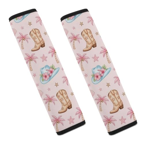 2PCS Pink Coastal Western Cowgirl Boot Hat Palm Trees Seat Belt Cover Breathable Automotive Seat Belt Protector for Adult Use, Most Cars, Pressure Relief - color: Pattern 410