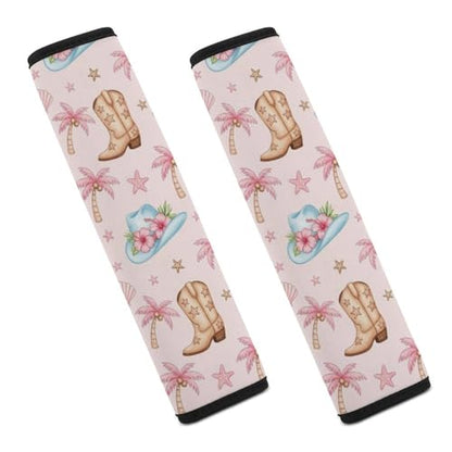 2PCS Pink Coastal Western Cowgirl Boot Hat Palm Trees Seat Belt Cover Breathable Automotive Seat Belt Protector for Adult Use, Most Cars, Pressure Relief - color: Pattern 410