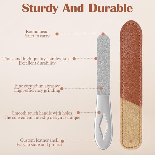 2 Pack Small Metal Nail File 3.5 in Mini Stainless Steel Manicure Filer Double Sided Fingernail Files with Anti-Slip Handle and Leather Case Travel Nail Filer for Men and Women, Silver