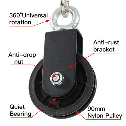 90mm Gym Pulley System Pulley Wheel with 2 Hanging Strap Carabiner, Fitness Swivel Pulley Wheel for DIY Home LAT Pulldown and Lift Cable Machine