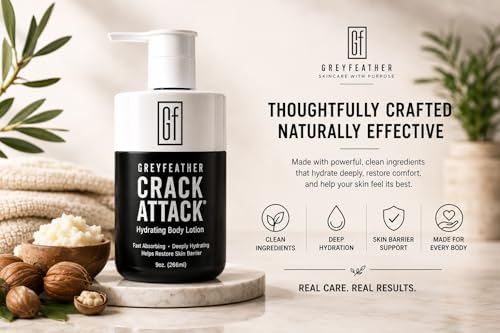 Greyfeather Crack Attack Hydrating Body Lotion for Dry Cracked Skin – Fast Absorbing, Mint Scented, Non-Greasy Moisturizer with Aloe, Shea Butter – Heals Hands, Feet, Elbows, Full Body Repair - size: 9 Fl Oz (Pack of 1)