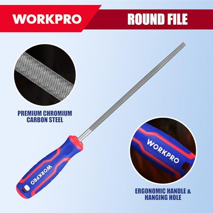 WORKPRO 8-Inch Metal File Set, 3-Piece Flat Half Round Round Files | Carbon Steel Files with Wire Brush & Storage Pouch for Woodworking, Metalworking, Shaping and Smoothing - size: 3-Piece Metal File Set