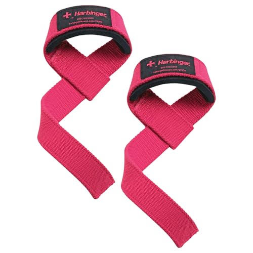 Harbinger Padded Cotton Lifting Straps with NeoTek Cushioned Wrist, 21.5 Inch Length, 1.5 Inch Width, Pair, Weightlifting Wrist Straps for Deadlifts and Strength Training - color: Pink