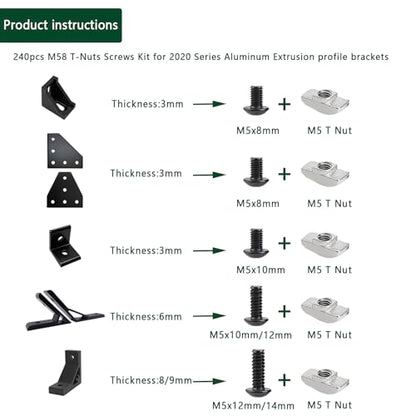 240 pcs M5 T Nut Screws Kit for 2020 2040 2080 Aluminum Extrusion, 120 pcs Black M5x8/10/12/14mm Hexagon Socket Screws and 120 pcs M5 Drop in T-Nuts with 1 pcs Hex Wrench - style: 240pcs 20 Series Screws Kit Black B
