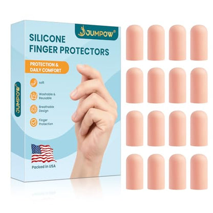 JUMPOW Gel Finger Cots Protectors, Silicone Finger Covers Caps Sleeves Flexible Shields for Fingertip Thumb Protection, Arthritis, Rubbing, Cracking, Hangnail & Pain Relief (Complexion, M, 16PCS) - style: Medium（Short)