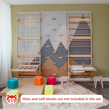WoodandHearts 5in1 Modular Swedish Wall Gym Set for Kids Sensory Development – Swedish Ladder with Adjustable Pull-Up Bar, Rope Climbing Wall & Rock Climbing Panels (Base Set+Sorter Desk+Sit-Up Bar) - style: Base Set + 2-in-1 Sorter Desk + Sit-Up Bar