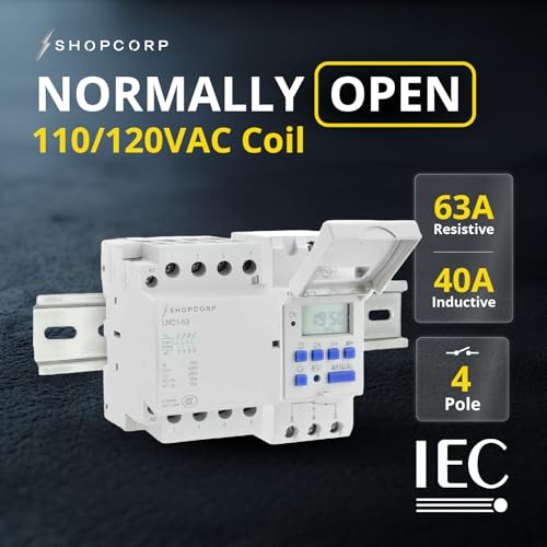 4 Pole Contactor 120v Coil Normally Open (NO) 110/120VAC Coil, Motor Load 40a and Lighting Load 60A, AC Contactor - Bundle with Programmable Timer Relay and DIN Rail 35 x 150 mm - style: 4 Poles Contactor + Timer