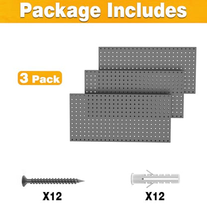 Pegboard Smith Metal Pegboard Panels 12" x 24", 3 Pack Black Wall Mounted Tool Organizer Boards, Heavy Duty Tool Storage Peg Board for Garage, Workbench, Office, Fits 1/4" Peg Hooks - style: 3 Pack Black Panels