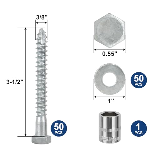 3/8" x 3-1/2" Lag Screws Bolts with Washers(50Pcs) | Hot Dip Galvanized Hex Head Lag Screws, Heavy Duty Lag Bolts for Wood, TV Mounts, Deck, Boat Repair - size: 3/8x3-1/2in