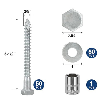 3/8" x 3-1/2" Lag Screws Bolts with Washers(50Pcs) | Hot Dip Galvanized Hex Head Lag Screws, Heavy Duty Lag Bolts for Wood, TV Mounts, Deck, Boat Repair - size: 3/8x3-1/2in