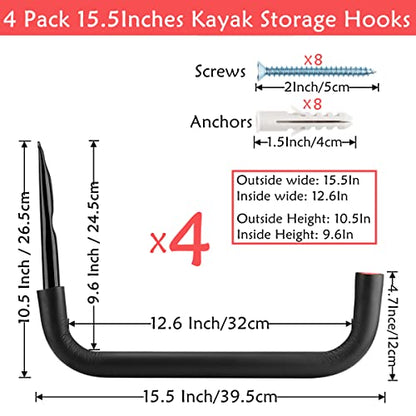 Garage Storage Kayak Hooks, 15.5 Inch Heavy Duty Storage Hanger, Wall Mounted Rack for Hanging Canoe Paddleboard, Surfboard, Snowboard, Ladders, Bikes, 15.5Inches x 10.8Inches - size: 15.5in-4 Pack