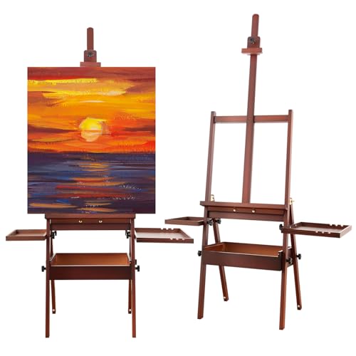 Wooden H-Frame Studio Easel with Storage Drawer and Palettes, Walnut | Solid Beechwood Painting Easel for Students, Beginners, and Artists, Hold Canvas to 36Inches High - style: Side Trays Walnut
