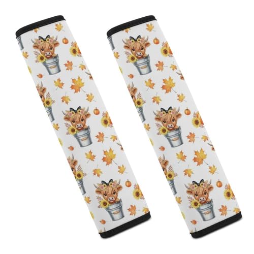 2PCS Fall Leaf Autumn Highland Cow Seat Belt Cover Breathable Automotive Seat Belt Protector for Adult Use, Most Cars, Pressure Relief - color: Pattern 248