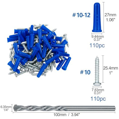 #10-12 Wall Anchors and Screws Kit, 220PCs Drywall Anchors for Drywall Brick Masonry Stucco Concrete, 110 Plastic Concrete Anchors and 110 Wood Screws, Drywall Anchors for Picture, Curtain Rod - style: 220 PCs