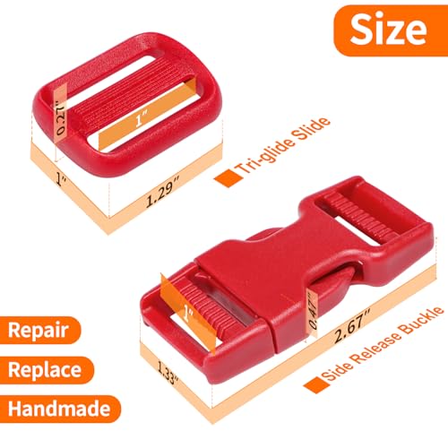 BEYOURD Buckle and Strap Set, 10 Yards Polyester Webbing Strap with 6 Pack Dual Adjustable Side Release Plastic Buckles, 12 Pieces Tri-Glide Slider Clips for Dog Collar (Everyday Series 1 Inch, Red) - color: Red