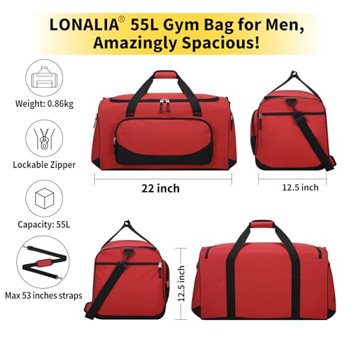 55L Large Gym Duffle Bag for Men, 22 inch, Red | Heavy Duty, Gym Duffel Bag, Multi Pockets, Spacious - color: Red