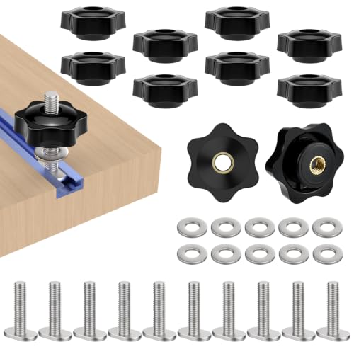 10 Sets 1/4"-20 T-Slot Fastener Kit, 1 Inch T Track Bolts with Star Knob Nuts | Heavy Duty Accessories | for Woodworking Fixture Installation - size: 1 Inch