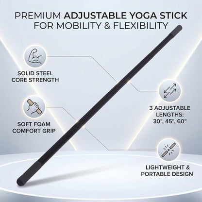 Adjustable Yoga Stick Steel Core Foam Covered Stretching Bar for Pilates Flexibility Training, 30/45/60 Inch Mobility Exercise Stick with Workout Guide