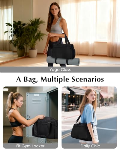 Small Gym Bag, Mini Gym Bag with Yoga Mat Holder & Wet Compartment, Black | Yoga Mat Bag, Water Bottle Pocket, Detachable and Adjustable Shoulder Strap, Mini Duffle Bag for Workout Travel Dance - color: Black