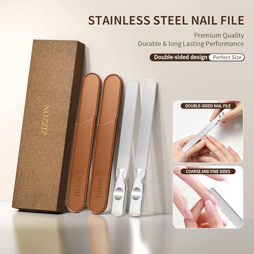 ZIZZON Professional Stainless Steel Nail Files Double Sided for Women and Men, Heavy Duty Reusable Manicure Filer for Natural Nails, Great for Home Salon or Travel Use 2 Pieces