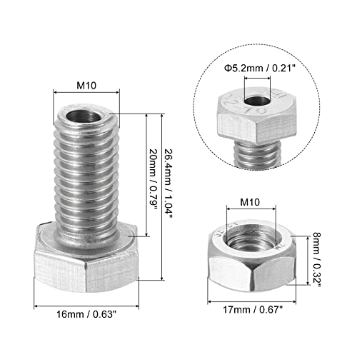 MECCANIXITY M10x20mm Hollow Screw Bolts External Hexagon Fasteners with Nuts, 304 Stainless Steel Pack of 2 - size: M10x20mm