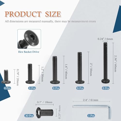 M6 Hex Drive Socket Cap Bolt Kit, Black, 30 Sets | M6x20/30/40/50/60mm, Includes Allen Wrench, Countersunk Screw Barrel Nuts, Binding Screws, For Furniture & Cabinet - color: Black, size: M6x20/30/40/50/60mm