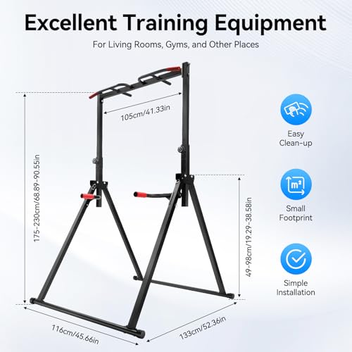 Foldable Power Tower Dip Station Pull Up Bar Station | with Double Bars 5.74ft-7.55ft Height Adjustable for Pull Ups, Dips, 440lbs Load Capacity