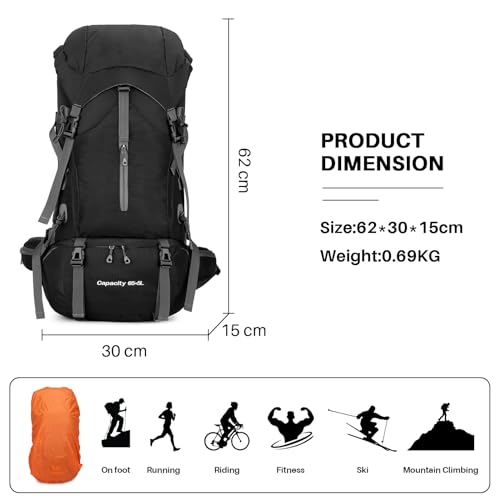 OKYUK 70L Hiking Backpack, Camping Hiking Back Pack, Water Resistant Lightweight Mountain Climbing Bag, Outdoor Camping Sport Daypack with Rain Cover, for Travel, Touring, Cycling (Black, 70L) - color: Black