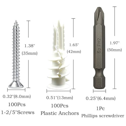 200Pcs Drywall Anchors and Screws Kit, 100Pcs Self-Drilling Plastic Wall Anchors with 100Pcs #8 Phillips Screws & PH2 Bit, Heavy Duty Anchors for Hanging Pictures, Shelves, Home Mounting - size: 1.38 Inch
