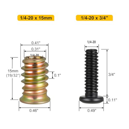 Threaded Inserts and Bolts Set, 40 Sets, 1/4-20 x 19/32" Threaded Inserts for Wood, 1/4-20 x 3/4" Furniture Screws, 1/4 Bolt Flat Head 304 Stainless Steel, Hex Socket Drive, 2Pcs Hex Wrench - size: 1/4-20x3/4"