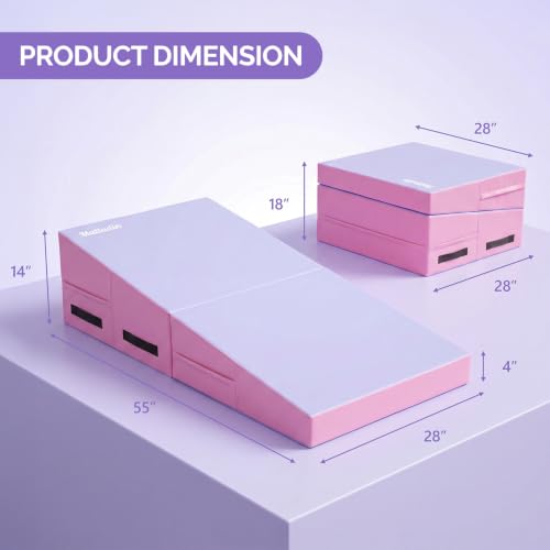 Matladin Folding Gymnastics Cheese Wedge Incline Mat, Gym Fitness Tumbling Skill Shape Mat for Kids Girls Home Training Exercise - color: Light Pink + Light Purple